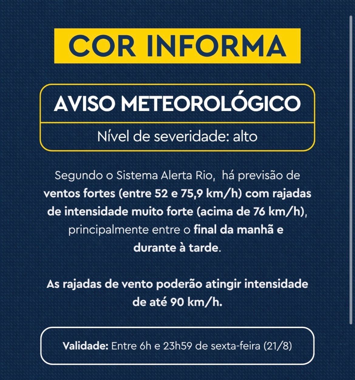 Rio terá ventos de até 90 km/h nesta sexta-feira; COR emite aviso de severidade alta